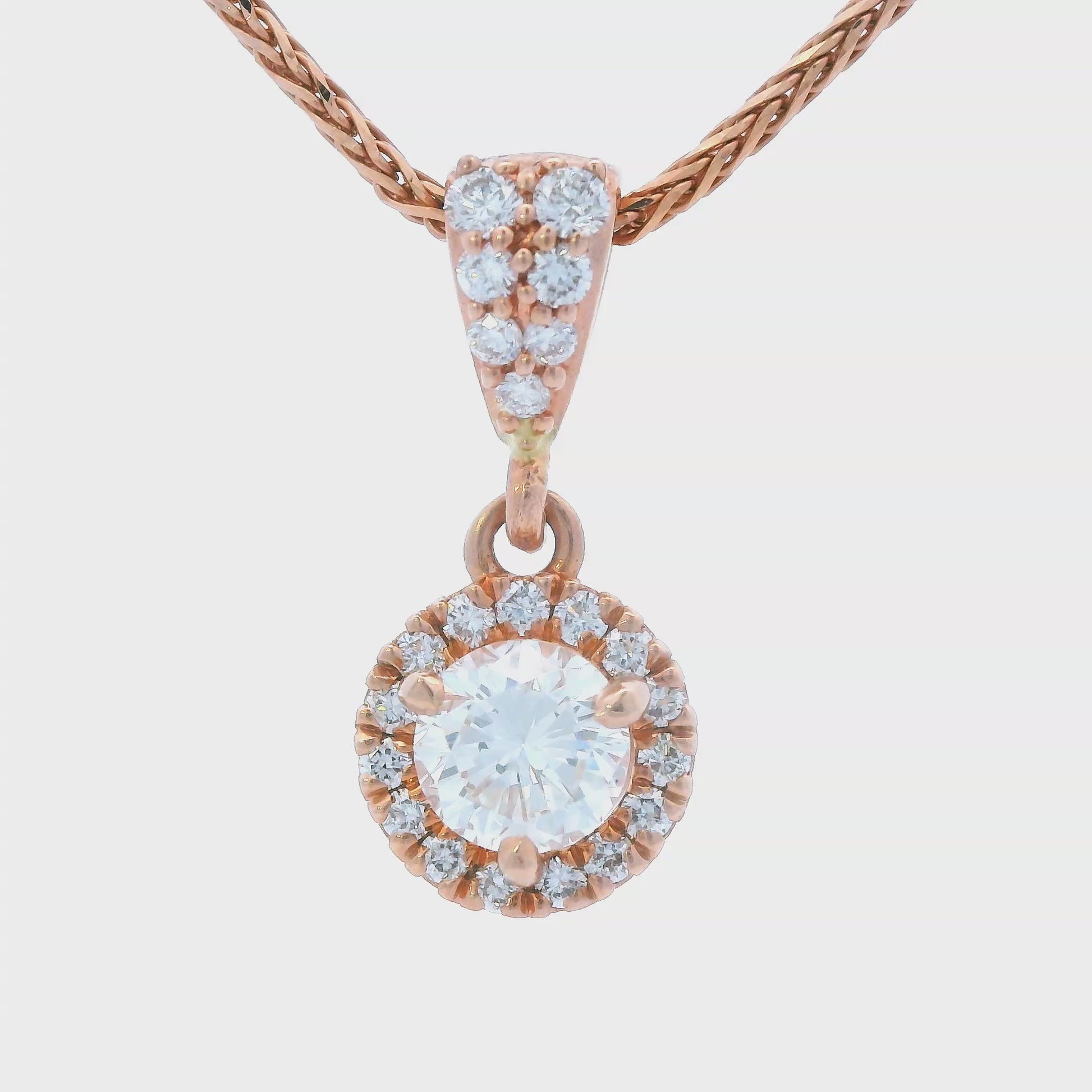 Contemporary 14k Rose Gold Diamond Drop Pendant w/ 18" Wheat Chain
