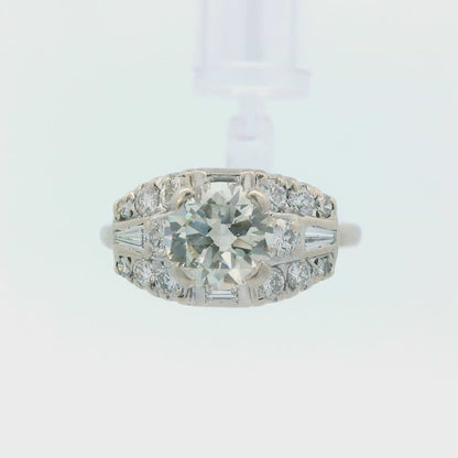 1950s Deco 14k White Gold and Round/Baguette Diamond Ring