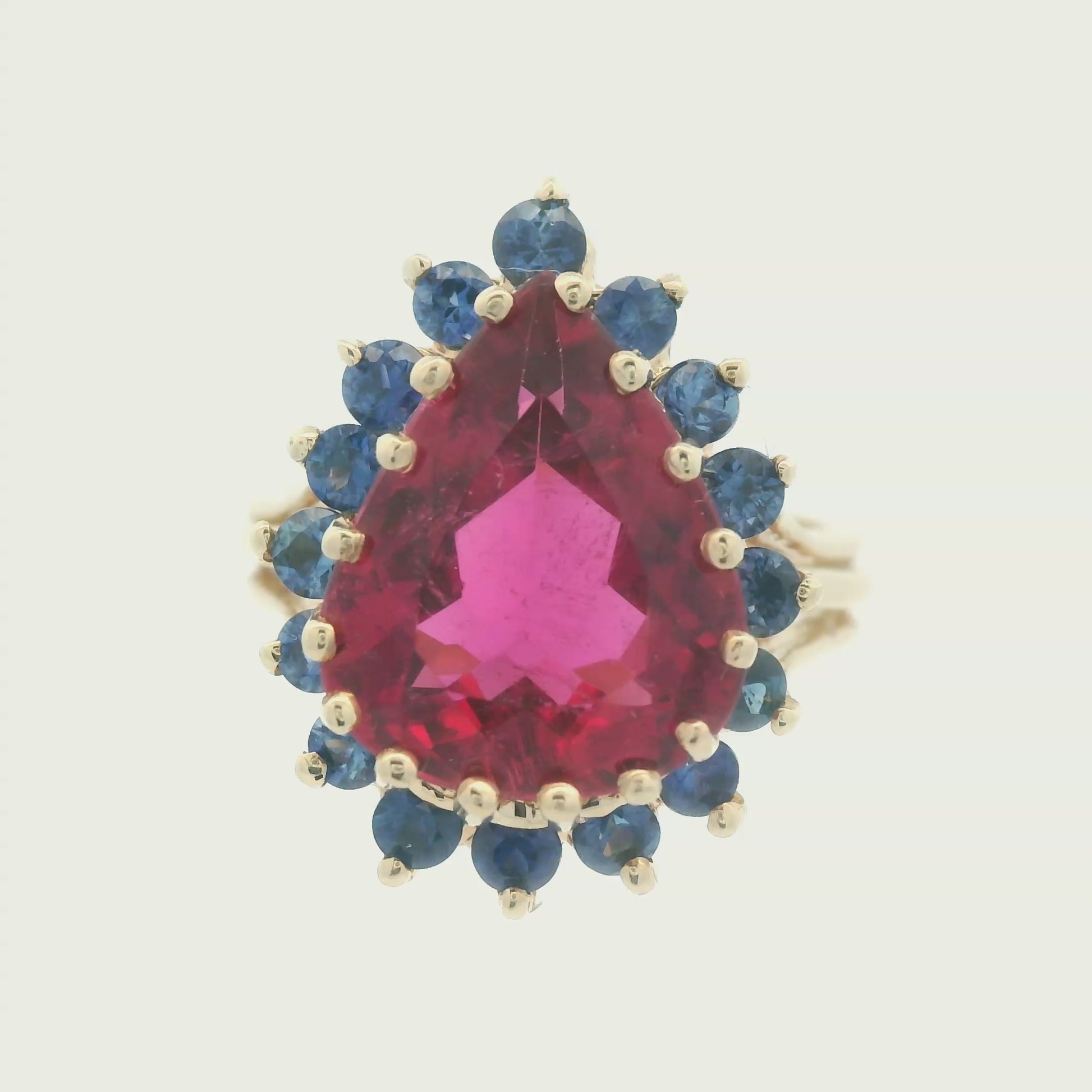 1980s 14K Yellow Gold Reddish Pink Tourmaline and Natural Blue Sapphire Ring