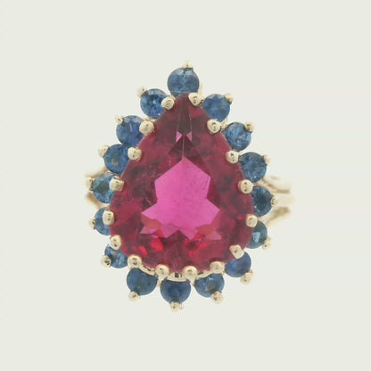 1980s 14K Yellow Gold Reddish Pink Tourmaline and Natural Blue Sapphire Ring