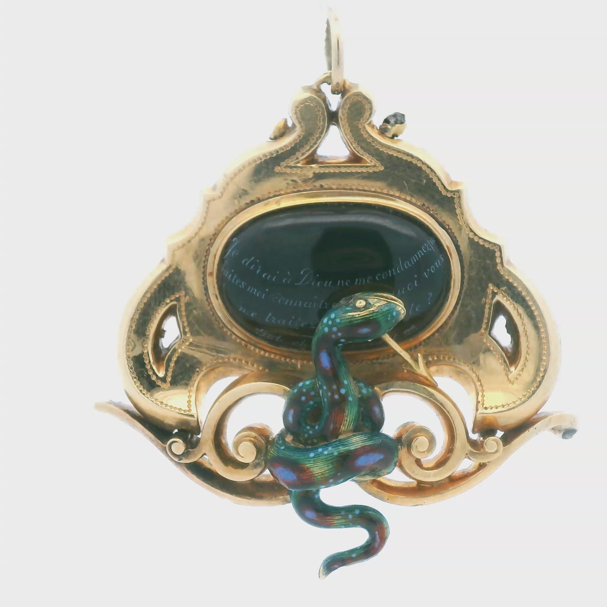 1900s 18k Yellow Gold French LEROY ET FIL Pendant w/ Black Enamel Serpent