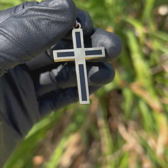 Contemporary 14k Yellow Gold Cross Pendant with Inlaid Black Onyx