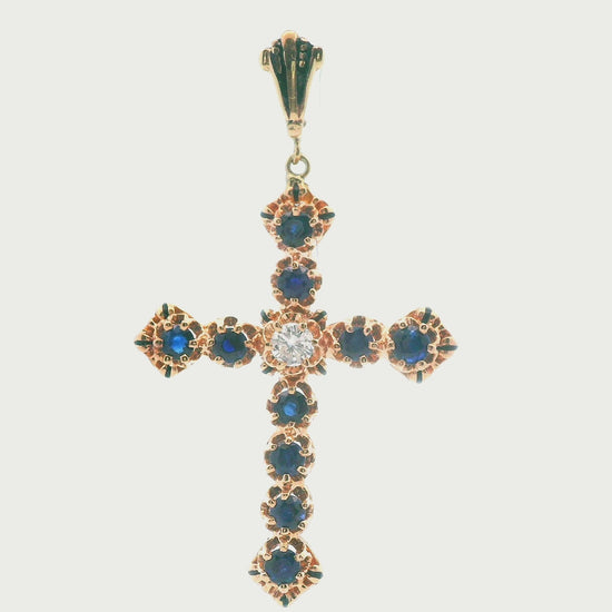 14k Yellow Gold Sapphire & Diamond Cross Pendant