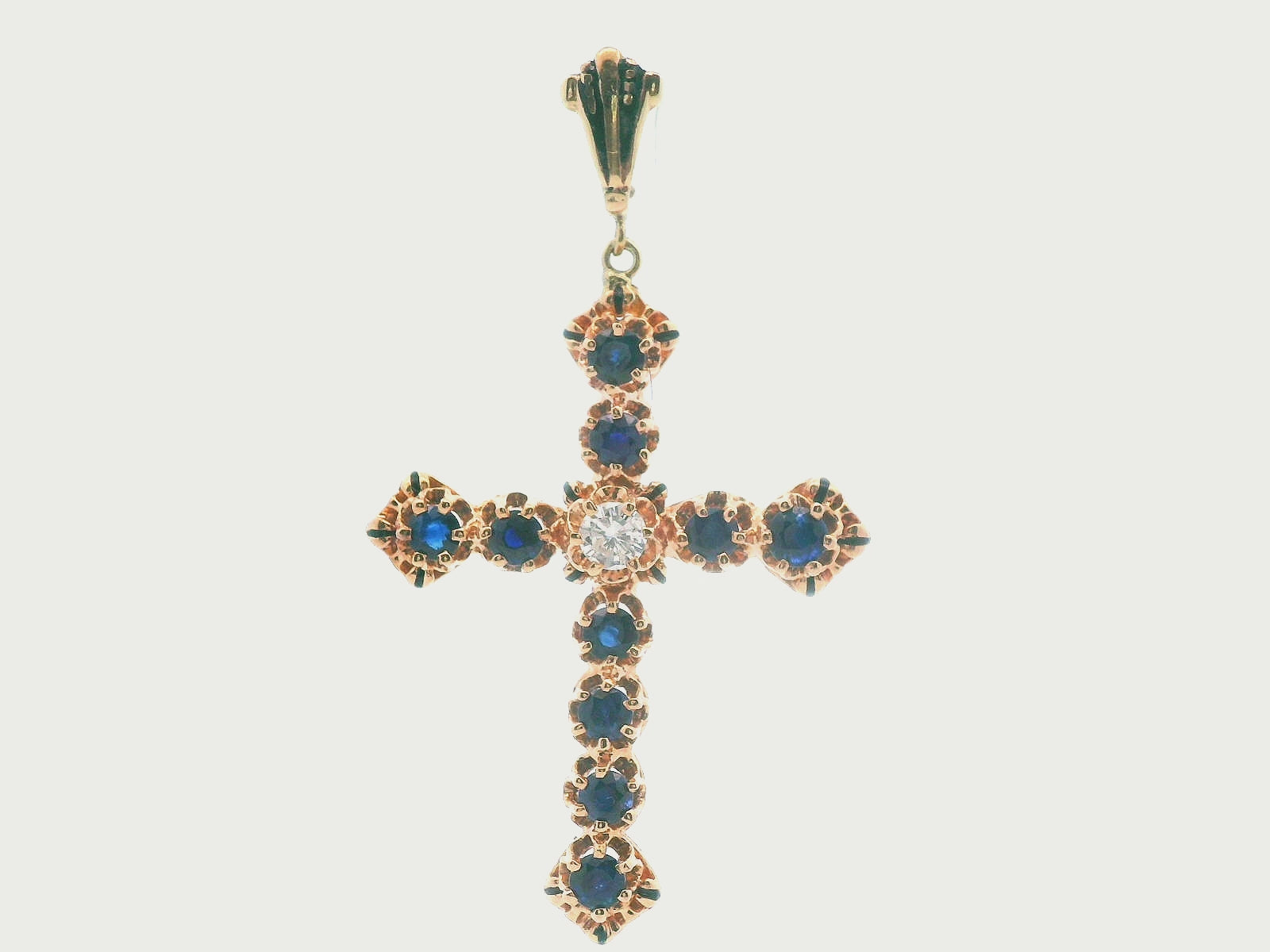 14k Yellow Gold Sapphire & Diamond Cross Pendant