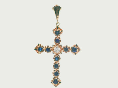 14k Yellow Gold Sapphire & Diamond Cross Pendant