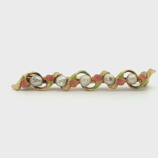1890 Art Nouveau 14k Yellow Gold Pearl & Enamel Flower Brooch