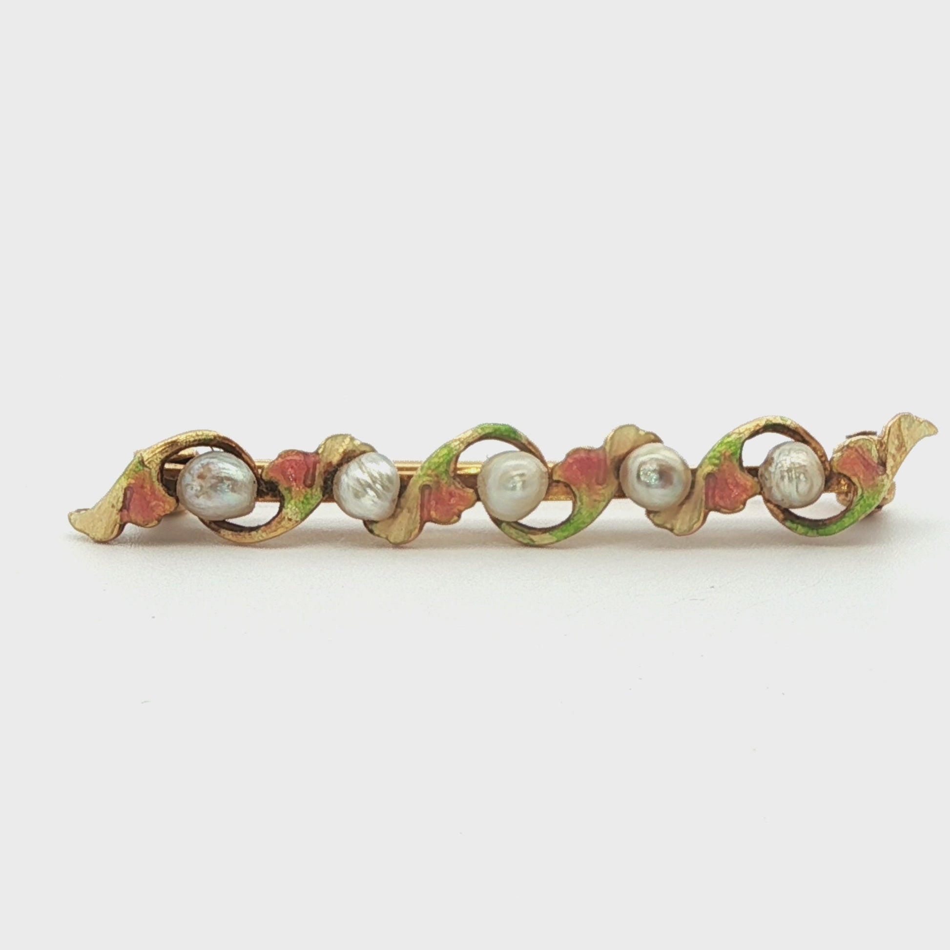 1890 Art Nouveau 14k Yellow Gold Pearl & Enamel Flower Brooch