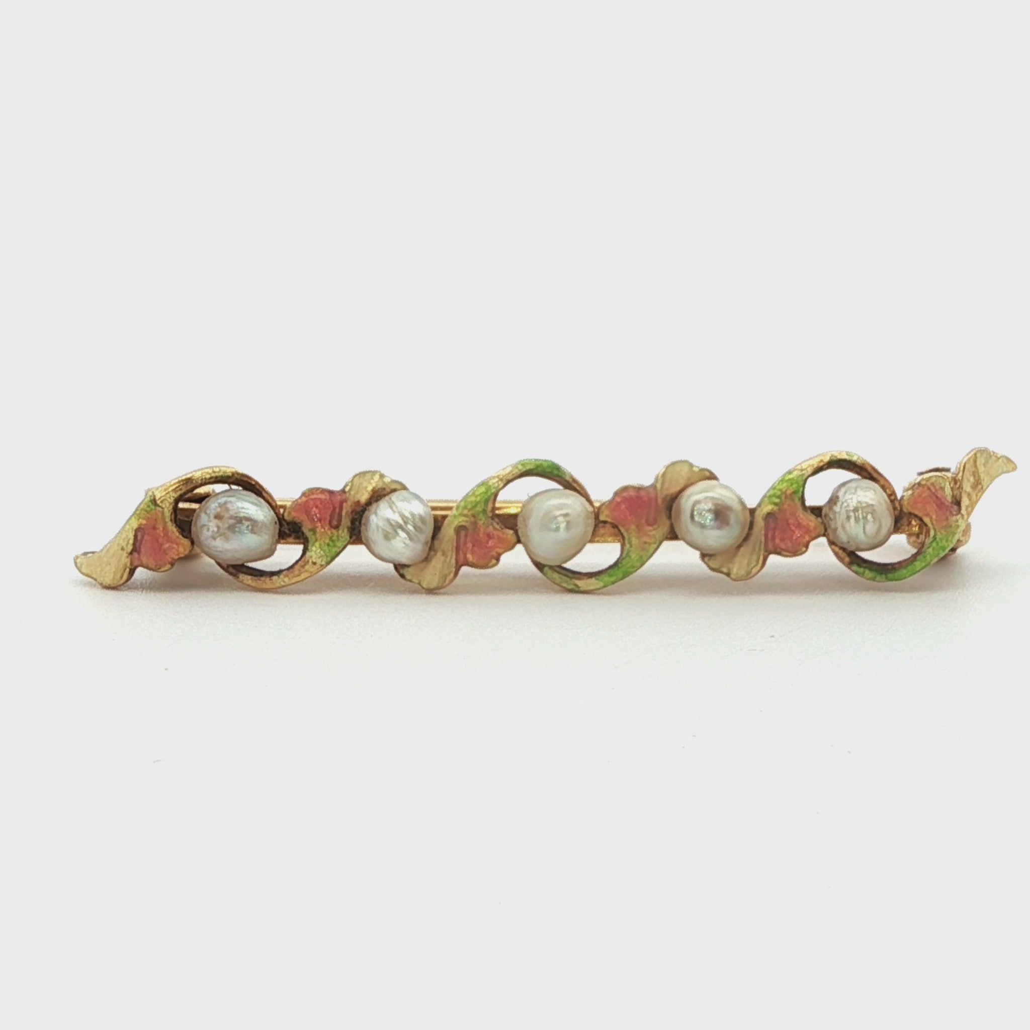 1890 Art Nouveau 14k Yellow Gold Pearl & Enamel Flower Brooch