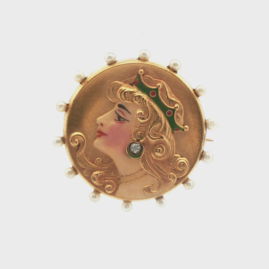 14k Yellow Gold Diamond & Pearl Brooch/Watch Holder
