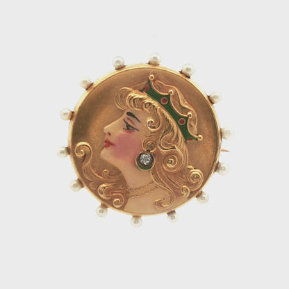 14k Yellow Gold Diamond & Pearl Brooch/Watch Holder