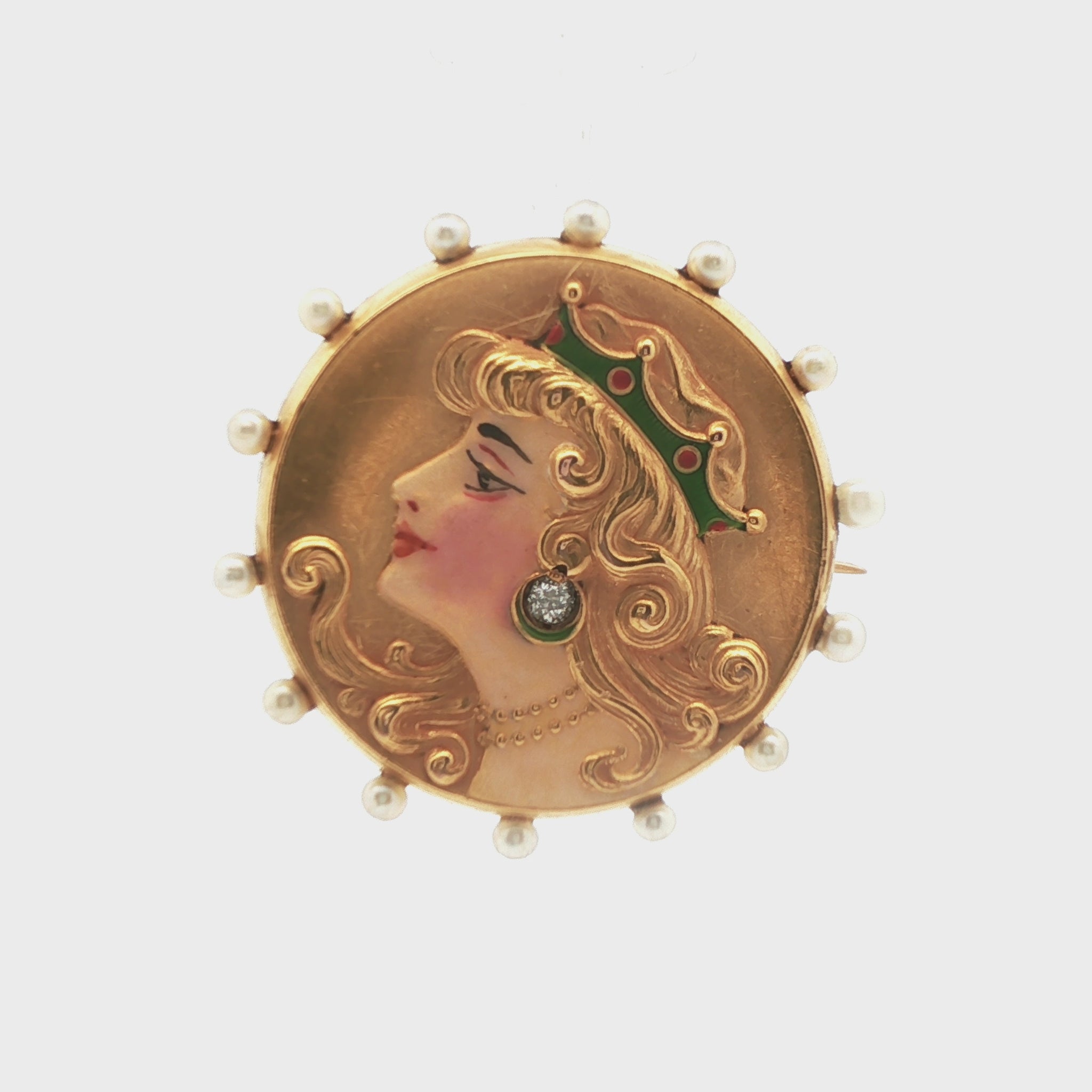 14k Yellow Gold Diamond & Pearl Brooch/Watch Holder