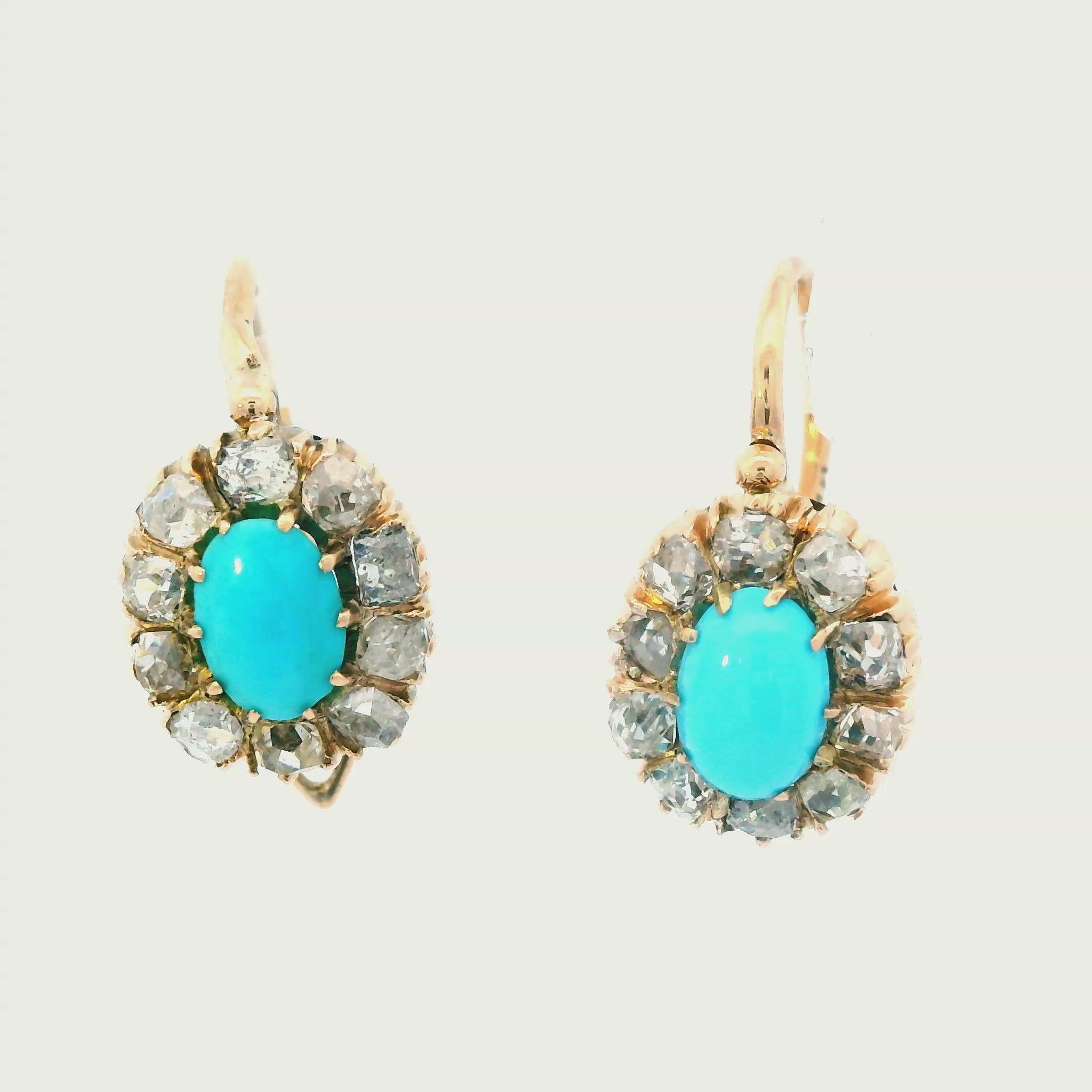 1880 Victorian Russian 14 Karat Gold Turquoise Diamond Drop Earrings