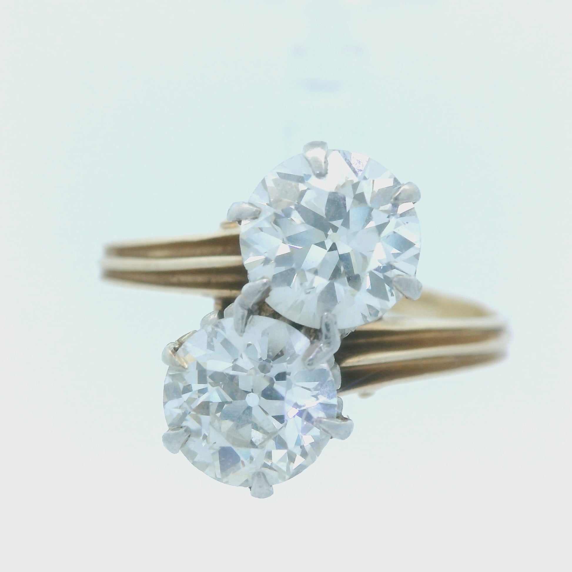 1910 Edwardian 14k Yellow and Platinum Gold Toi et Moi 2 Carat Diamond Ring