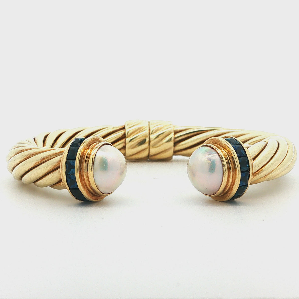 David Yurman 14k Yellow Gold Sapphire & Pearl Hinged Bangle