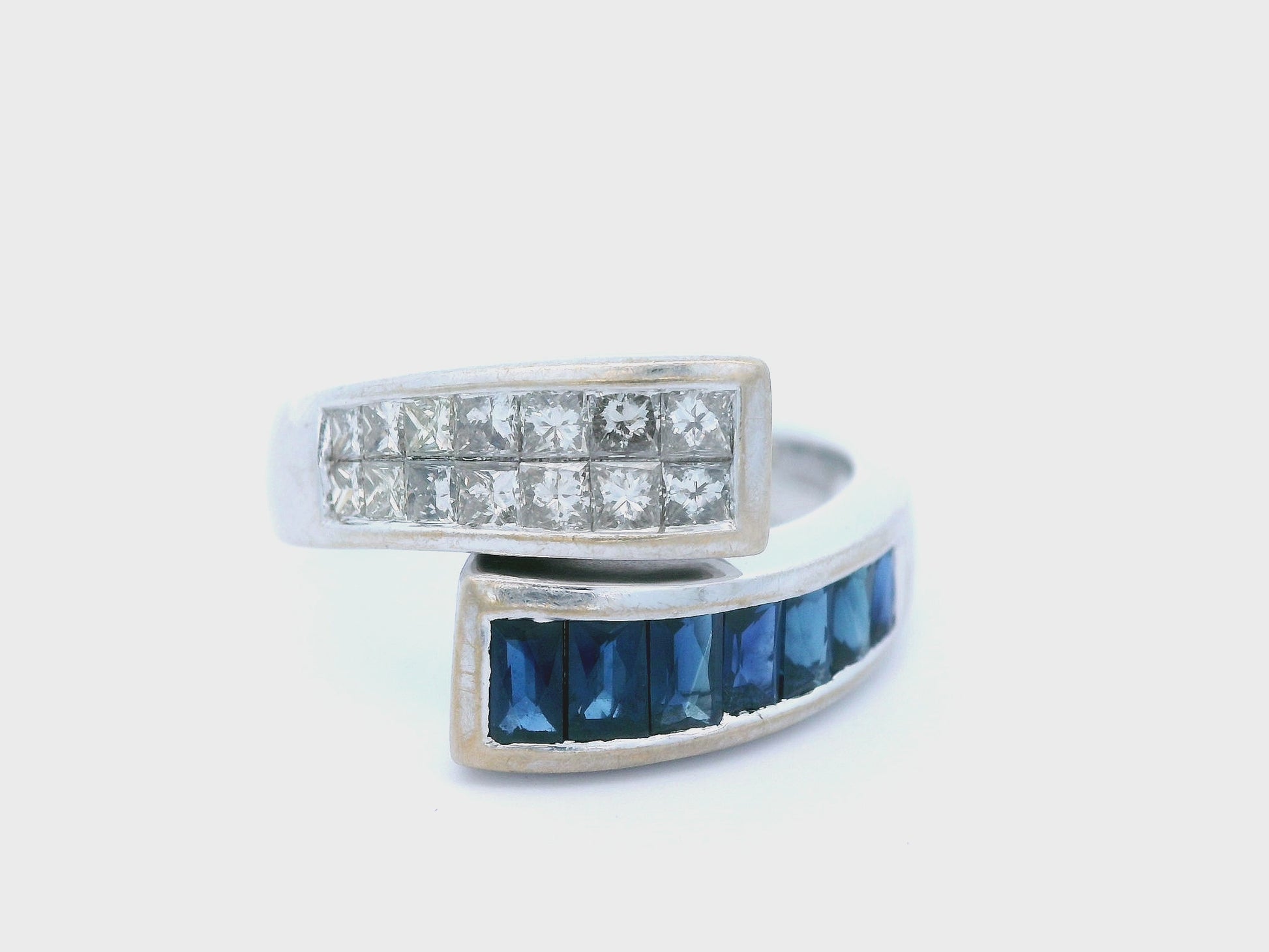 14K White Gold Natural Sapphire & Diamond Bypass Ring