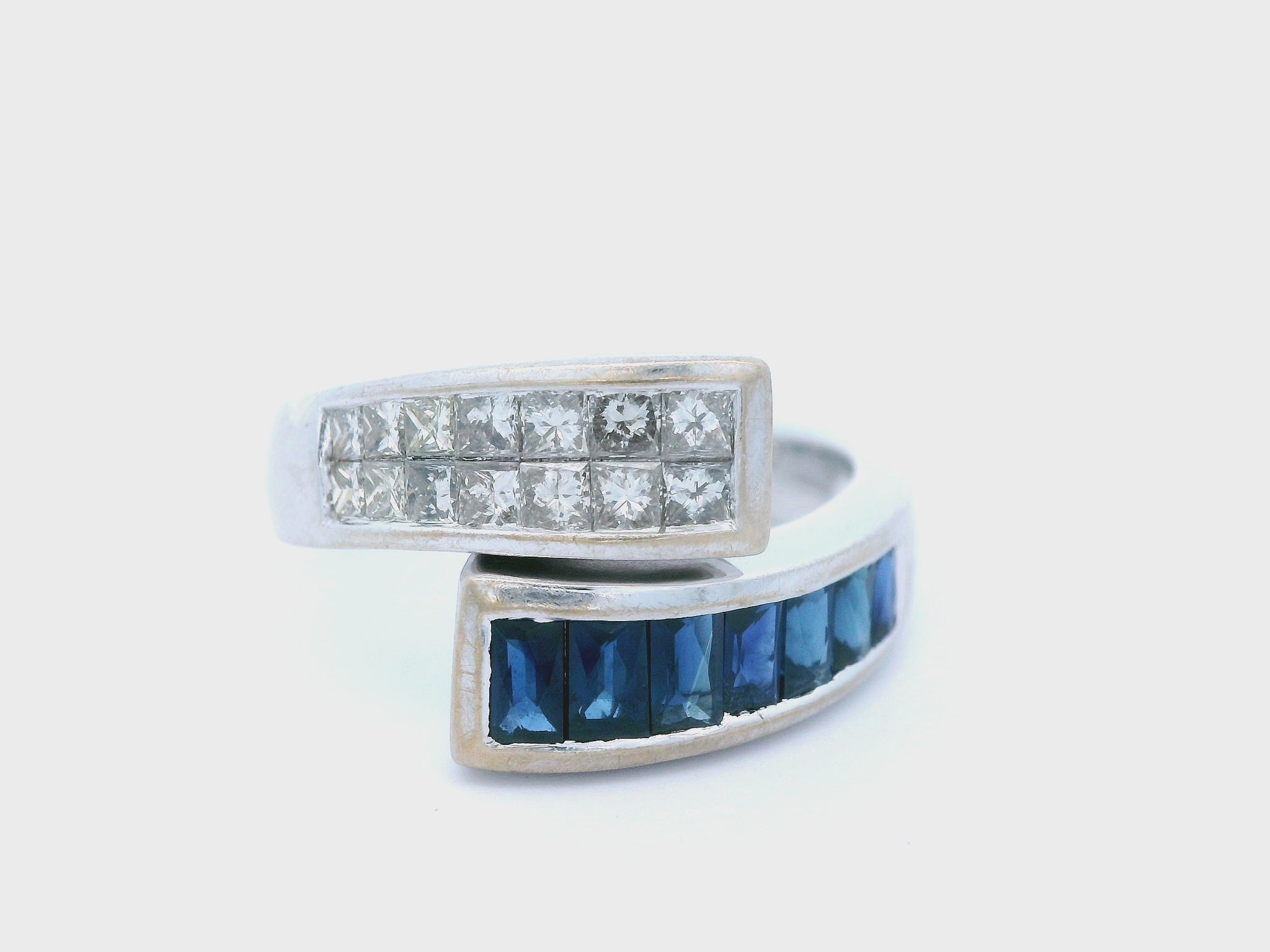 14K White Gold Natural Sapphire & Diamond Bypass Ring