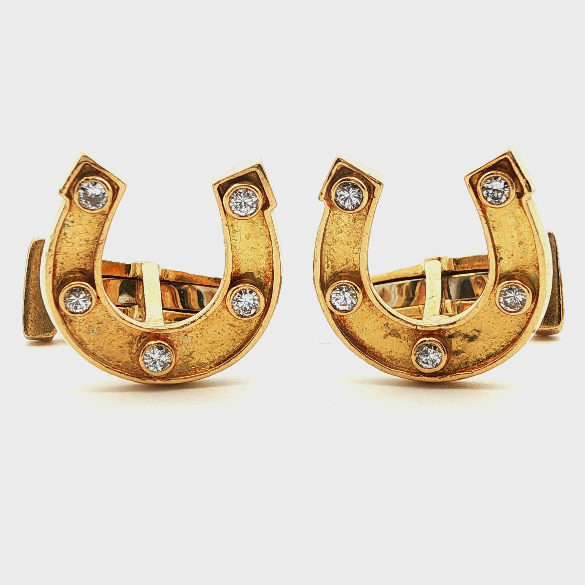 Signed David Webb 1960s 18k Yellow Gold & Diamond Horseshoe Cufflinks