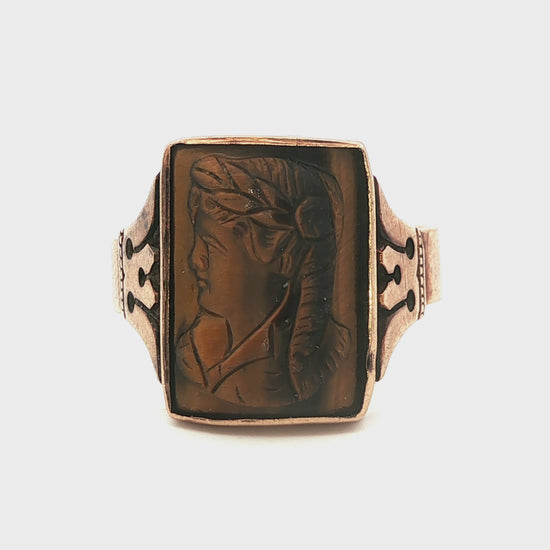 Victorian 12k Yellow gold Carved Tigers Eye Ring