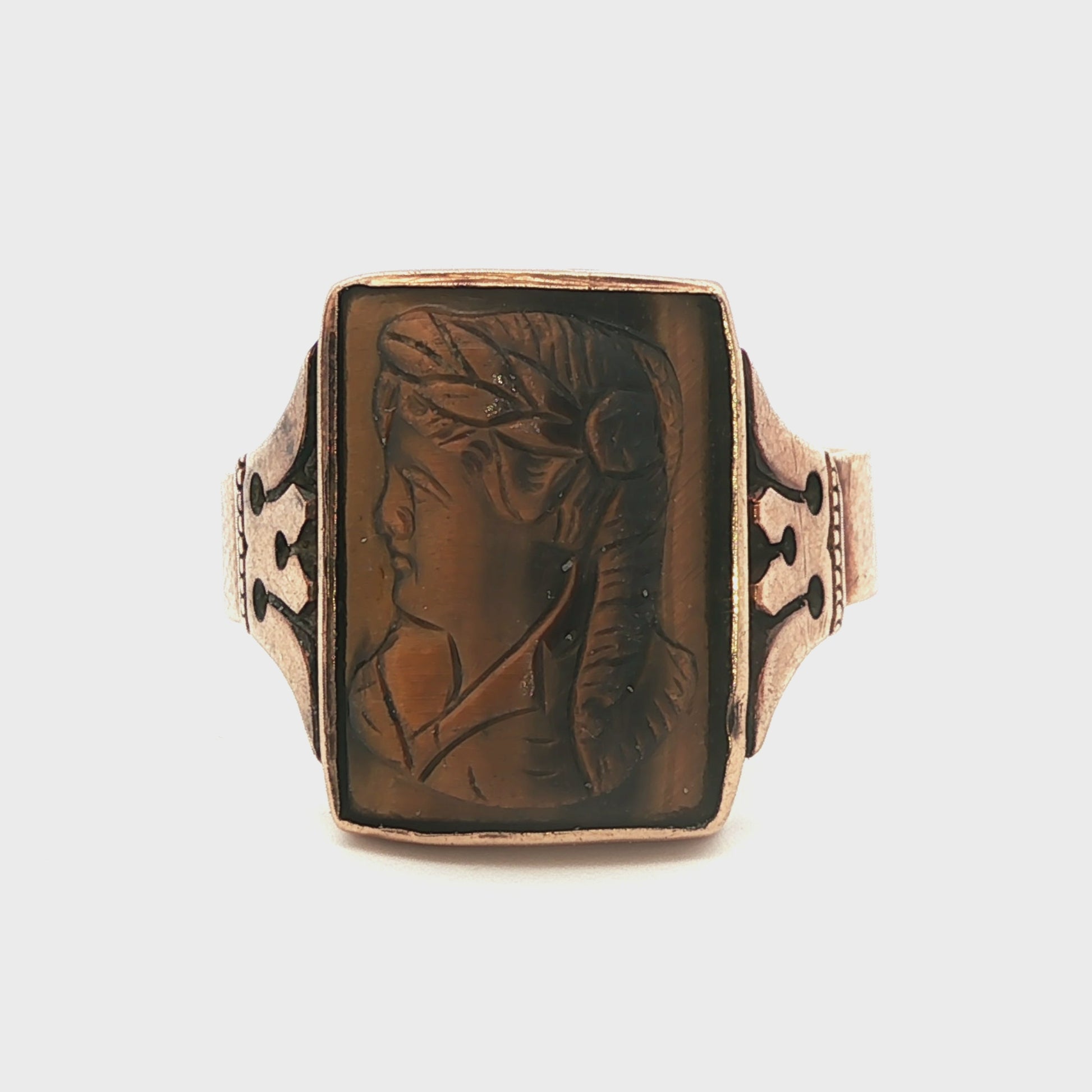 Victorian 12k Yellow gold Carved Tigers Eye Ring