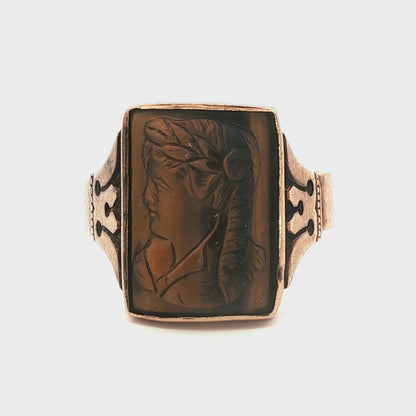 Victorian 12k Yellow gold Carved Tigers Eye Ring