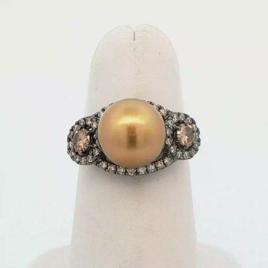 18k White Gold Black Rhodium Gold Pearl & Chocolate Diamond Ring