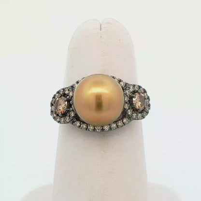18k White Gold Black Rhodium Gold Pearl & Chocolate Diamond Ring