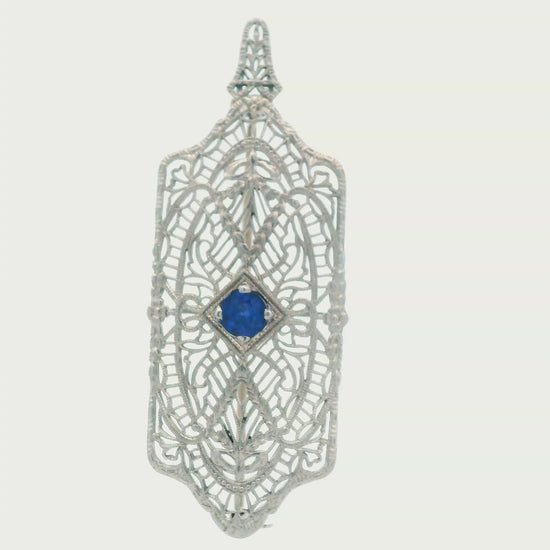 1920's Filigree Platinum Over 14K WG Gold Bright Blue Sapphire Pin/Pendant