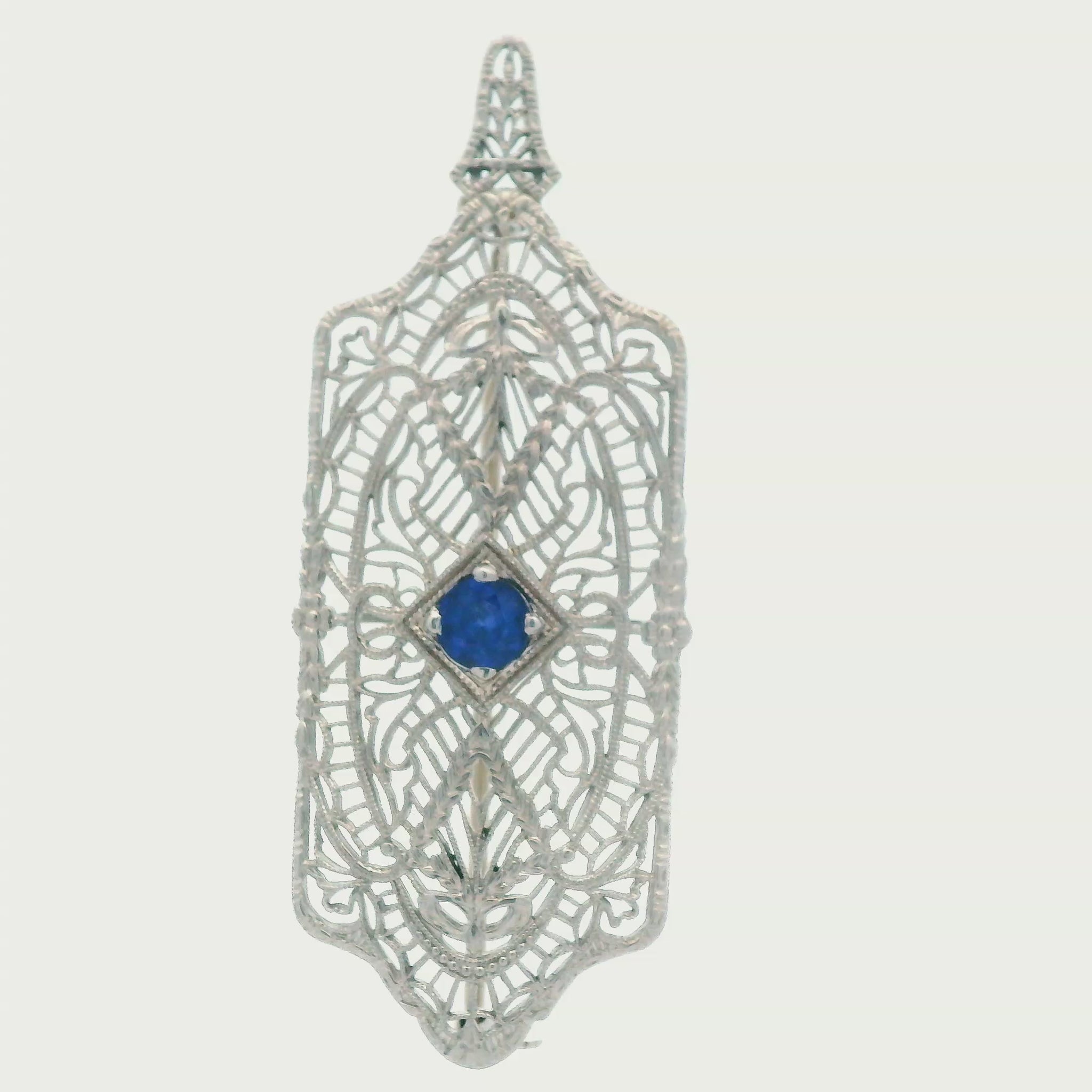 1920's Filigree Platinum Over 14K WG Gold Bright Blue Sapphire Pin/Pendant