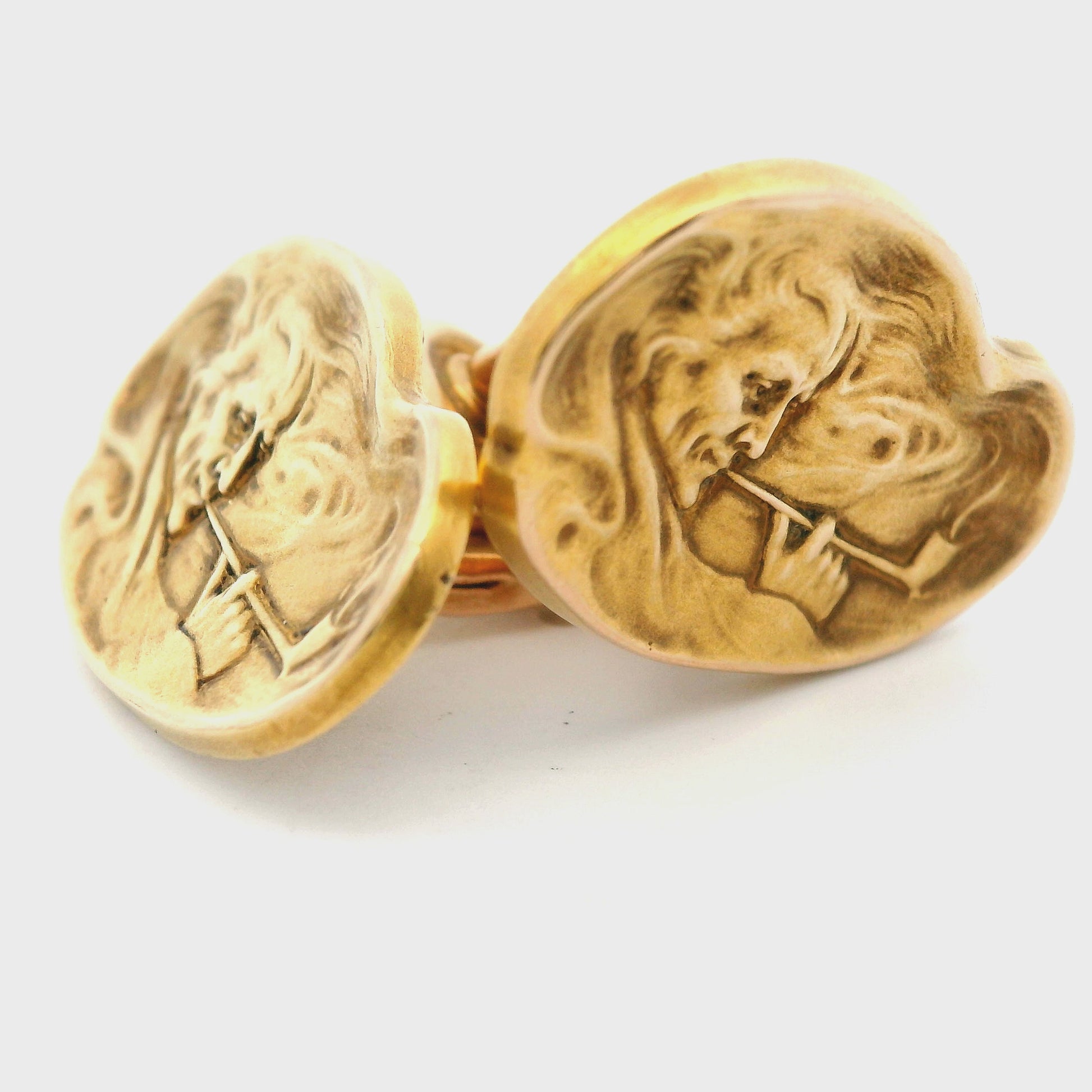 1890 Art Nouveau 14k Yellow Gold Smoking Man Cufflinks Whiteside and Blank