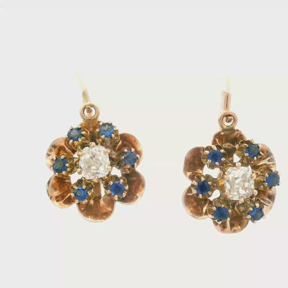 1890 Victorian 14k Rose Gold Diamond/Sapphire Flower Drop Earrings