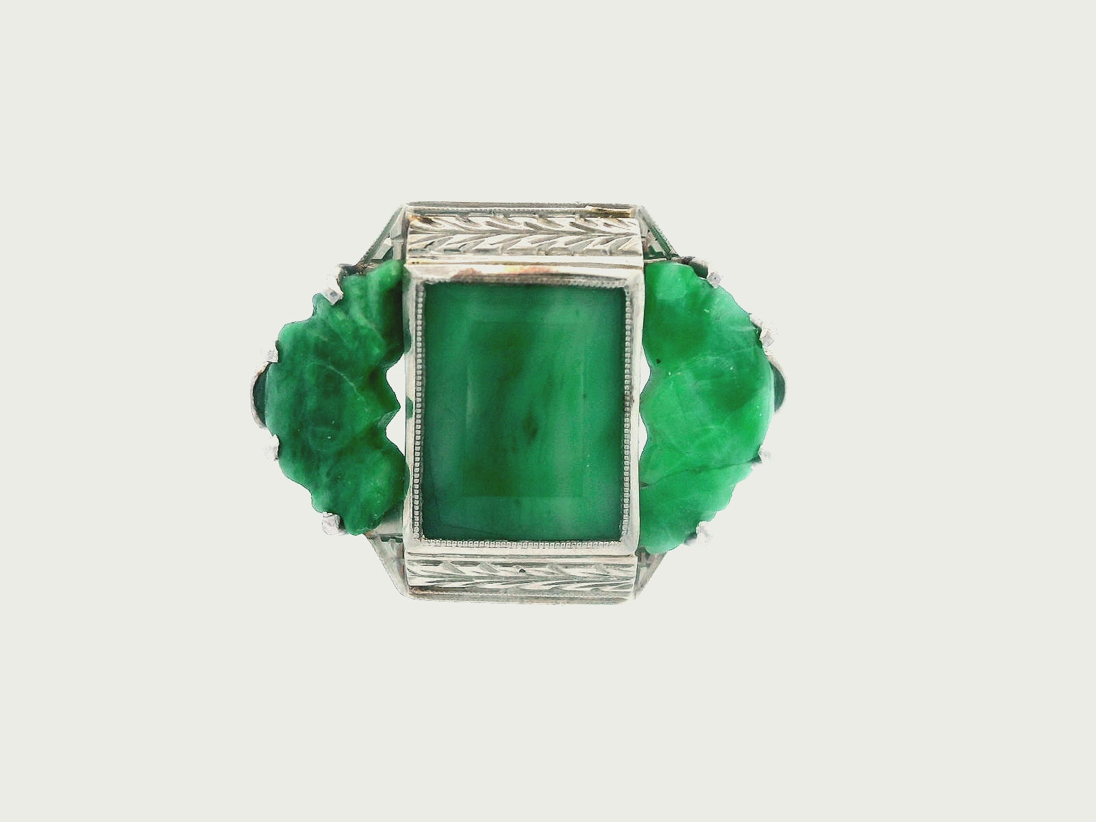 Platinum Deco Jade Ring w/ 2 Carved Jade Bats