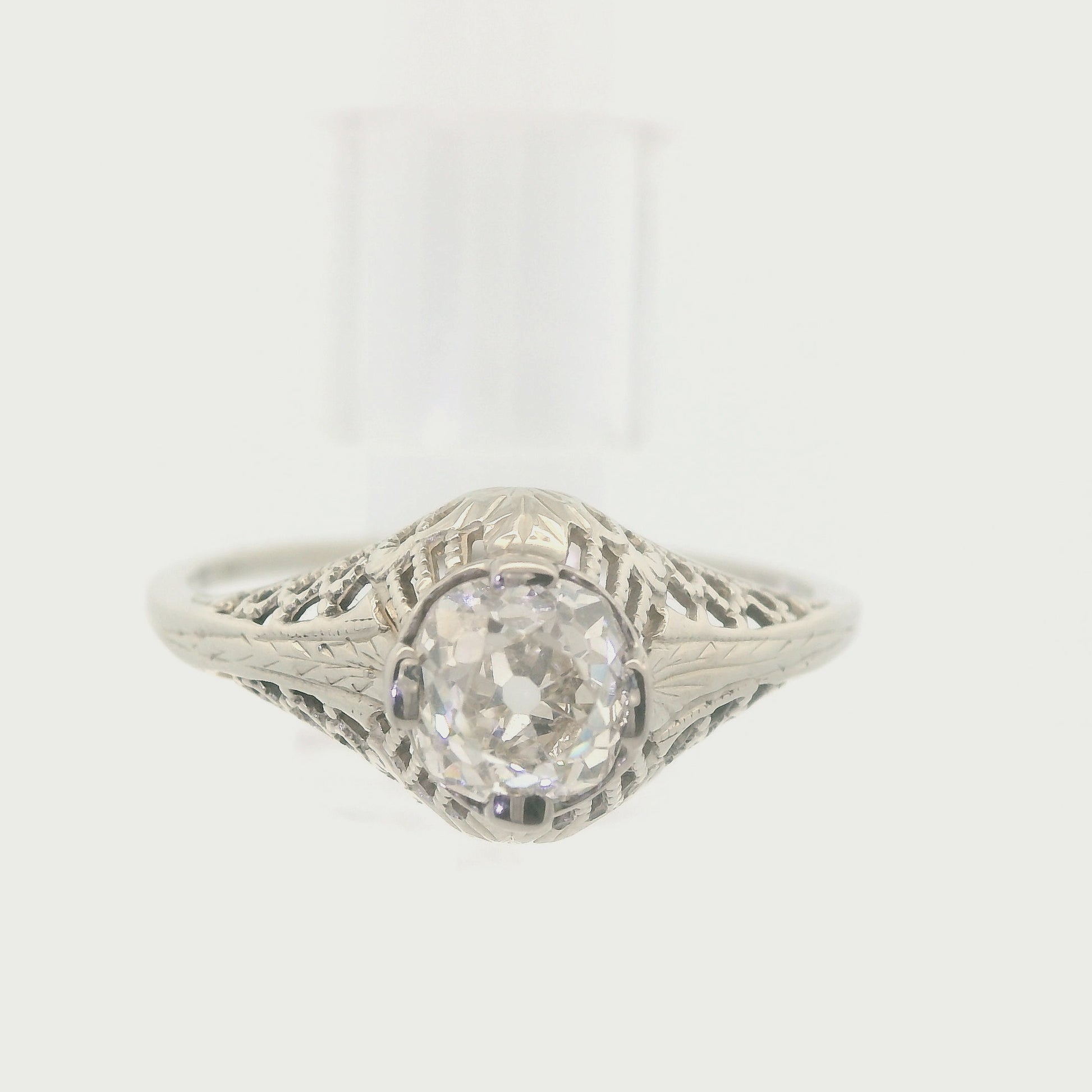 Art Deco 14 Karat White Gold Filigree .7ct Old Mine Cut Diamond Engagement Ring