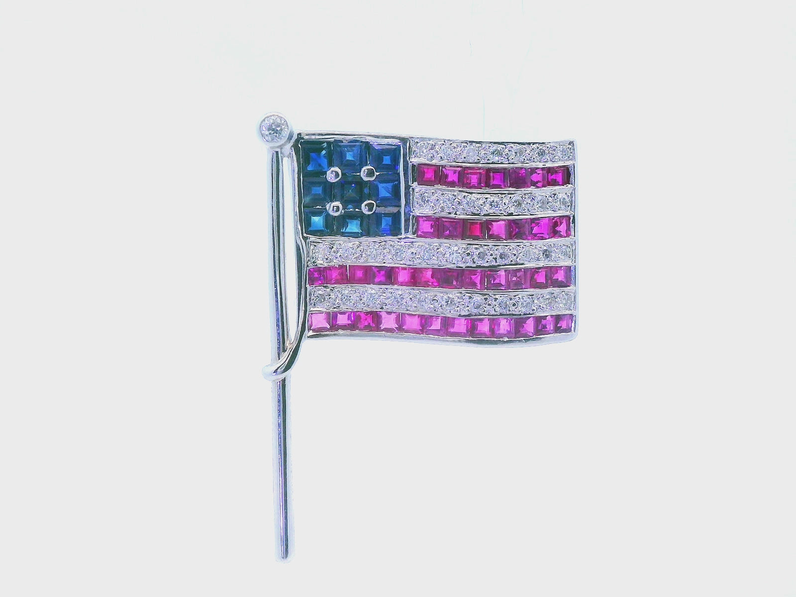 14K White Gold Diamond, Sapphire & Ruby USA American Flag Pin/Pendant