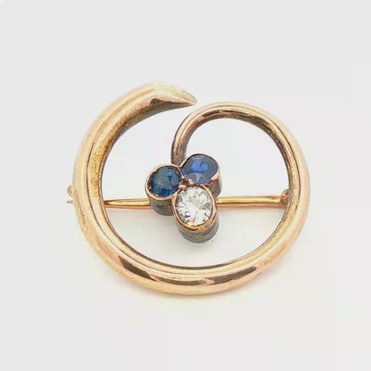 14k Yellow Gold Natural Diamond & No Heat Sapphire Brooch