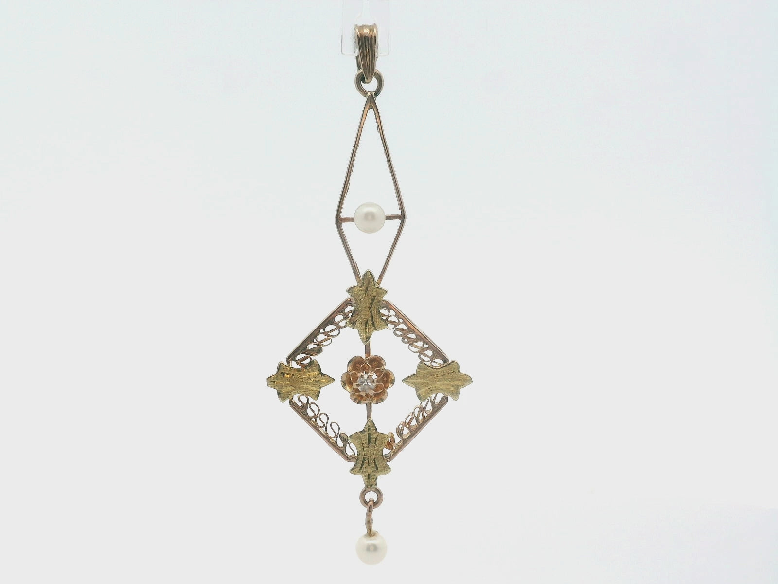 1890 Victorian Pearl & Diamond Two Tone 14k Floral Motif Pendant
