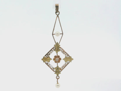 1890 Victorian Pearl & Diamond Two Tone 14k Floral Motif Pendant