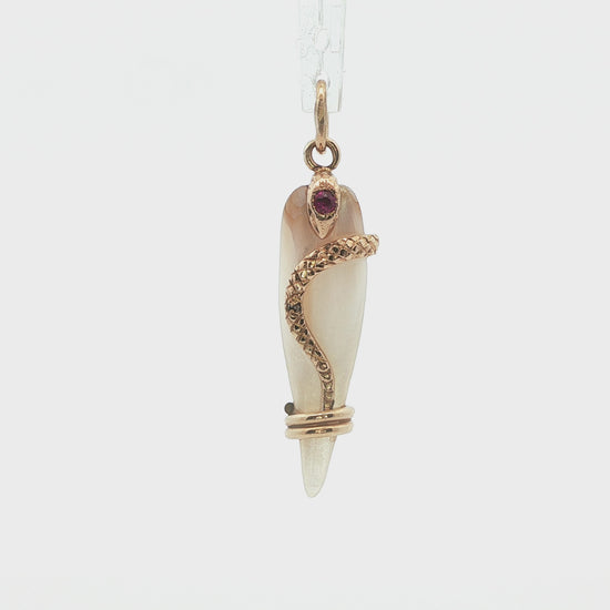1890 Victorian Mother of Pearl 14k Yellow Gold Snake Pendant w/ Diamond + Ruby