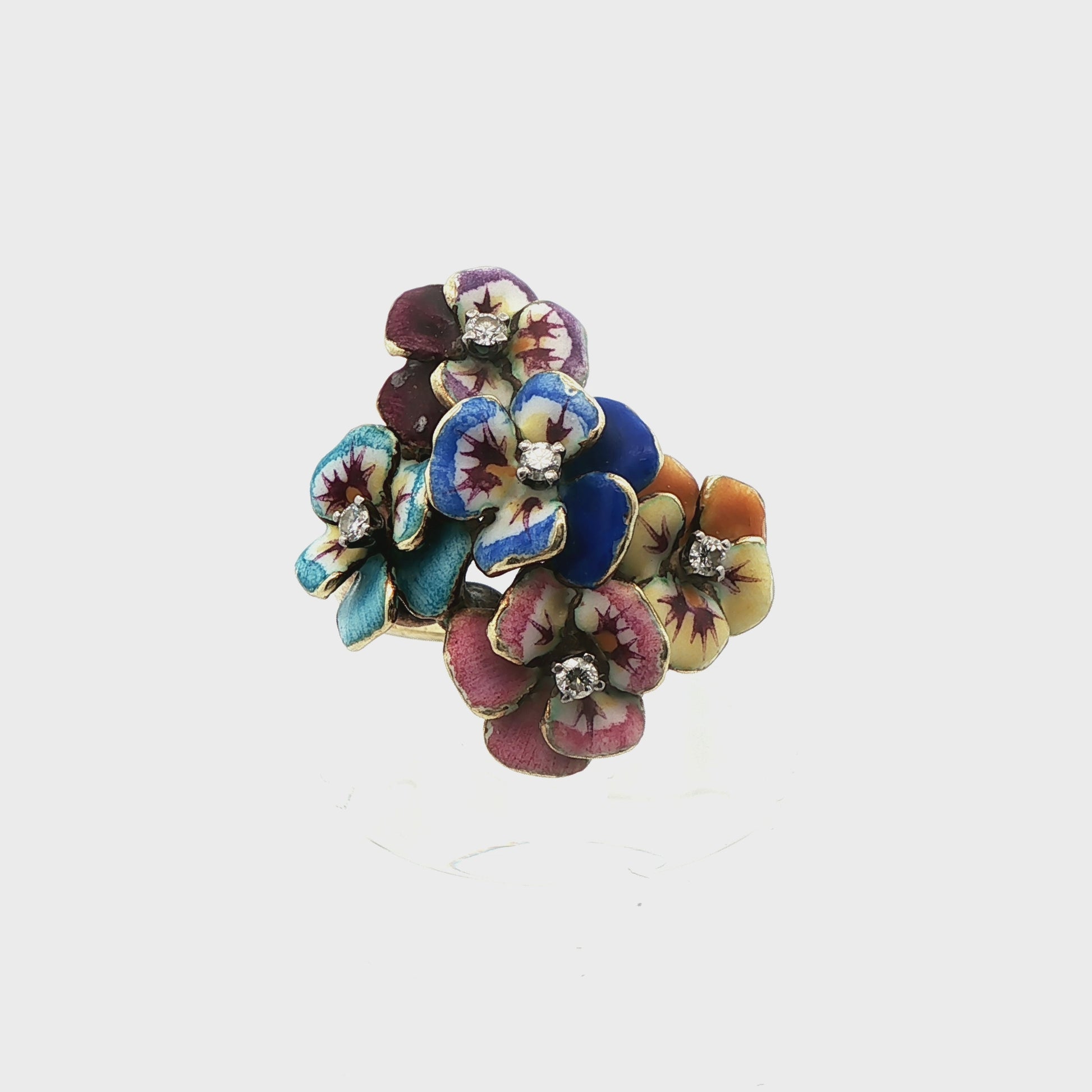 14k Yellow Gold Enameled Flower & Diamond Ring