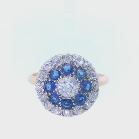 Platinum & 18k YG Antique Sapphire & Diamond Double Halo Ring