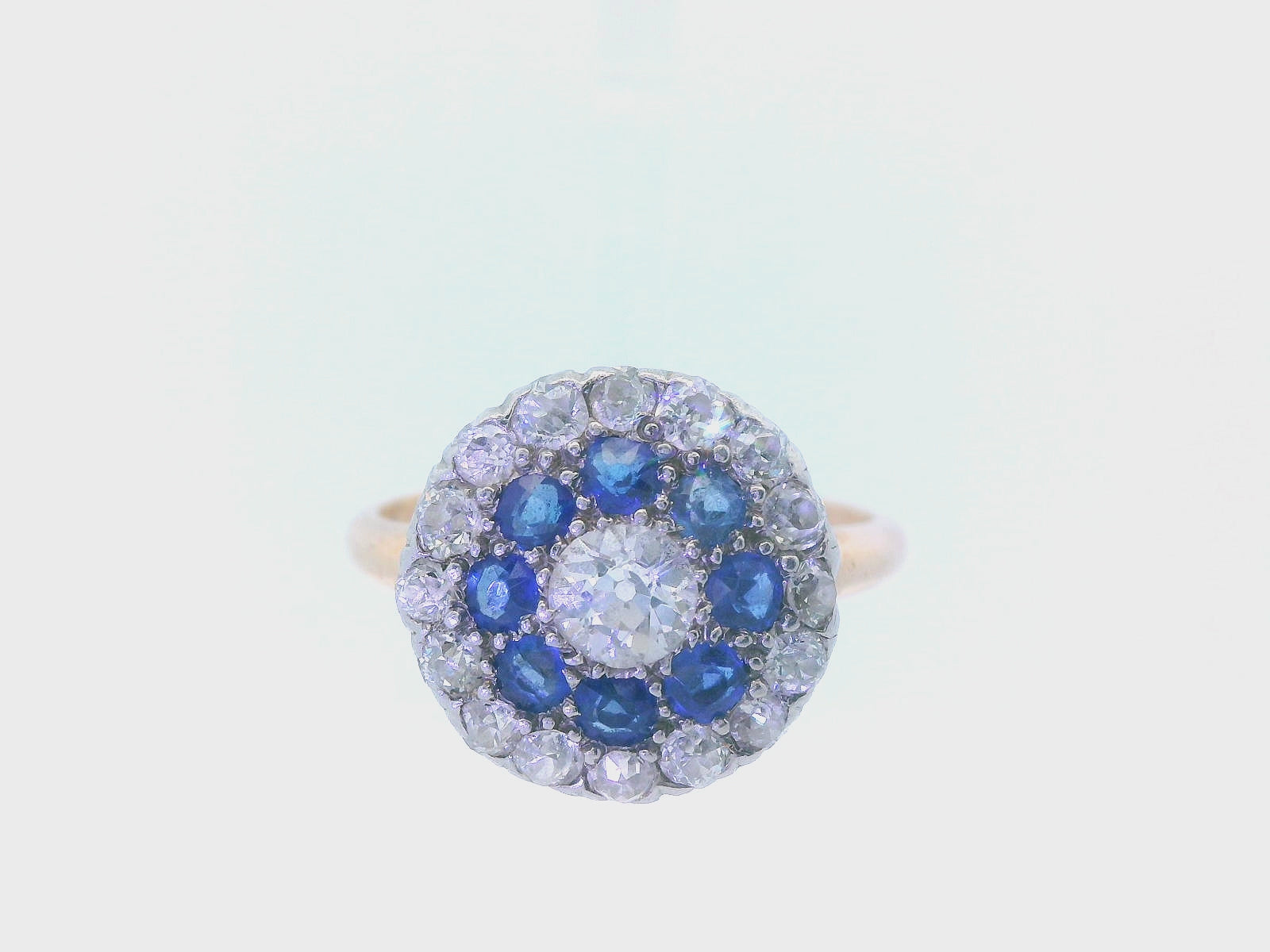 Platinum & 18k YG Antique Sapphire & Diamond Double Halo Ring