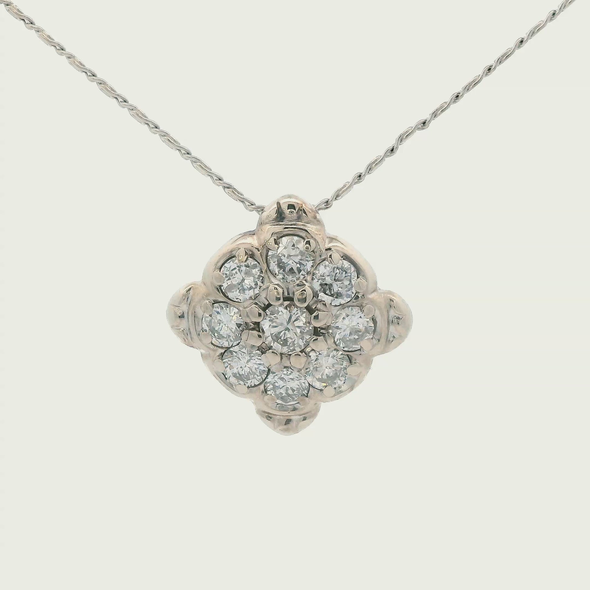 1960s 14k White Gold Diamond Cluster Pendant Necklace