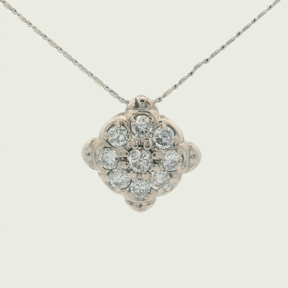 1960s 14k White Gold Diamond Cluster Pendant Necklace