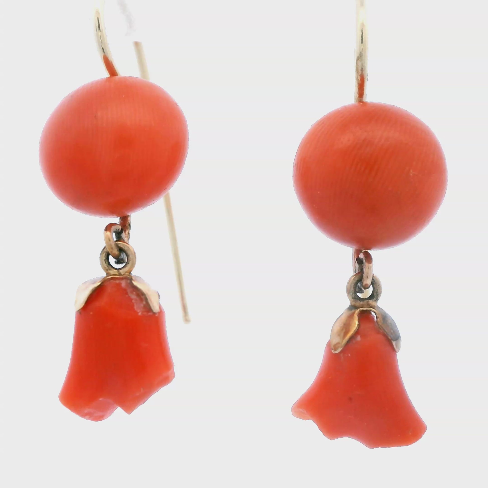 1890 Victorian 14k Yellow Gold Natural Coral Floral Earrings