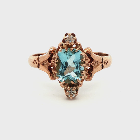10k Yellow Gold Aquamarine & Diamond Victorian Ring